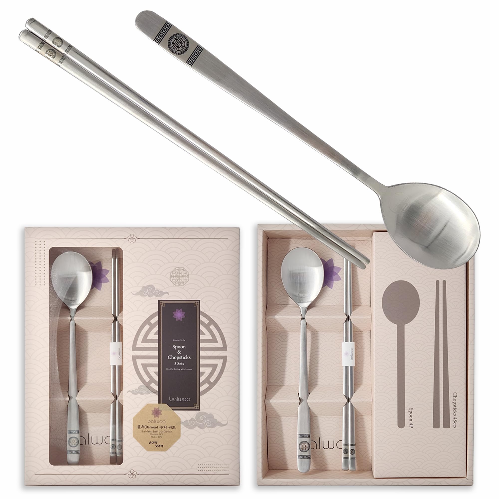 BALWOO [5 Sets] [Made in Korea] Korean Sticky Rice Spoon Chopsticks Set Gold Titanium Plating 304 Stainless Steel Tableware Cutlery Set Mukbang Chopsticks (Korean Palace Pattern, 5 Sets)