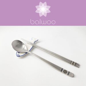 BALWOO [5 Sets] [Made in Korea] Korean Sticky Rice Spoon Chopsticks Set Gold Titanium Plating 304 Stainless Steel Tableware Cutlery Set Mukbang Chopsticks (Korean Palace Pattern, 5 Sets)