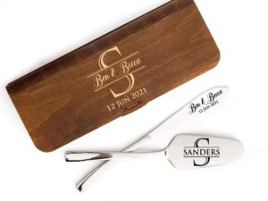 personalized cake server set elegant cake knife and server in wooden box (optional) wedding cake knife cutting set pie cutter & spatula for birthday anniversary bridal shower (style 1)