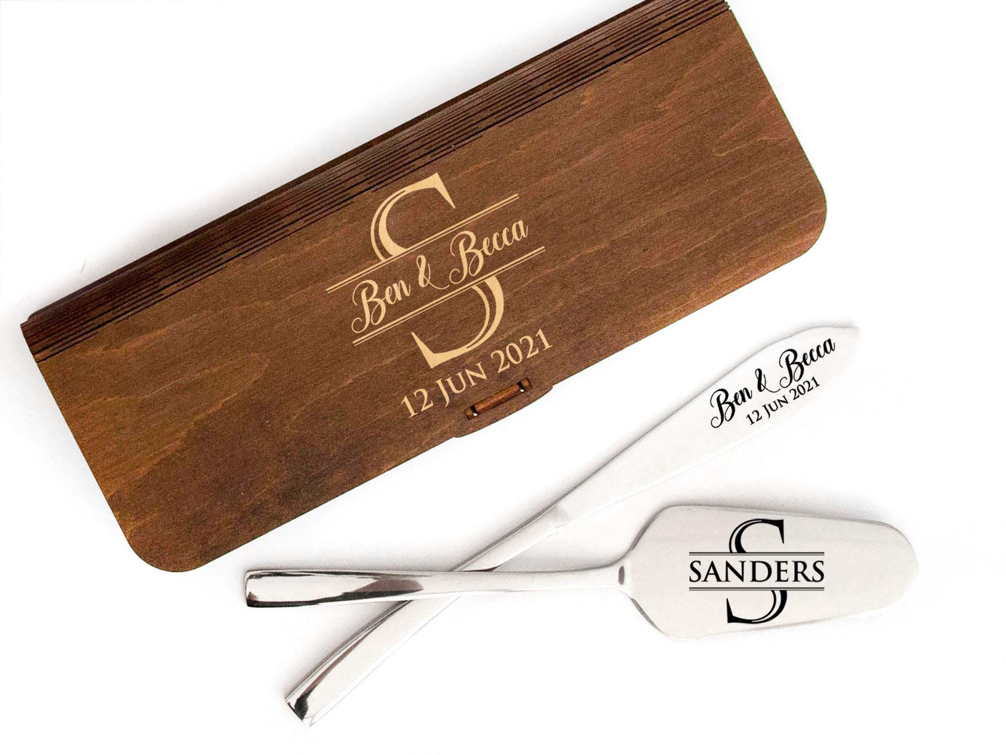 Personalized Cake Server Set Elegant Cake Knife and Server in Wooden Box (optional) Wedding Cake Knife Cutting Set Pie Cutter & Spatula for Birthday Anniversary Bridal Shower (Style 1)