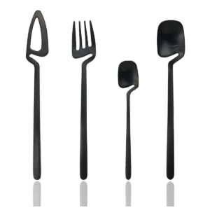 jashii hangable 24-piece silverware set, satin finish flatware cutlery set service for 6, knives/forks/spoons included, dishwasher safe (matte black)