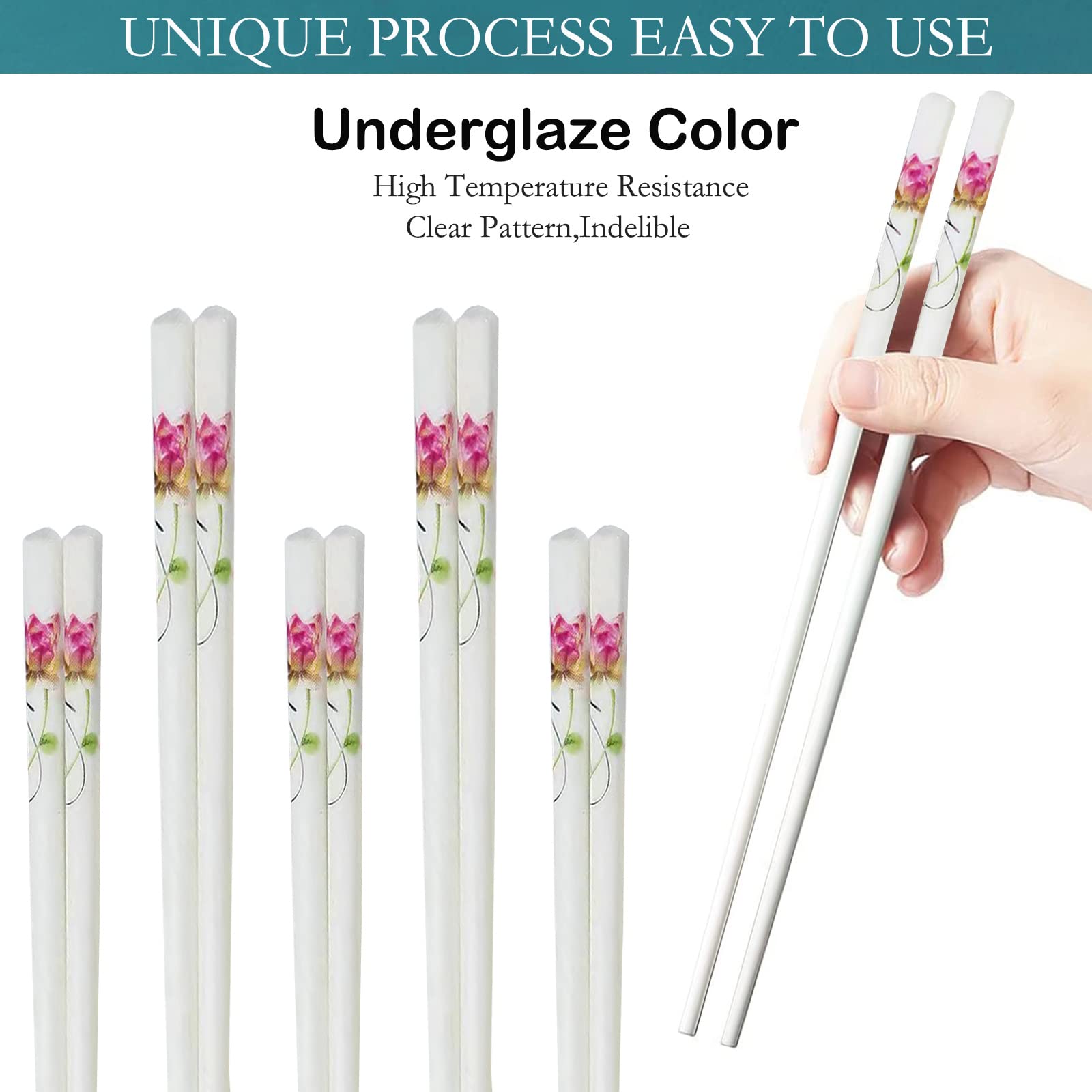 Chopsticks Reusable 5 Pairs Ceramic Chopsticks Dishwasher safe 9.7 Inches (Pink lotus flower)