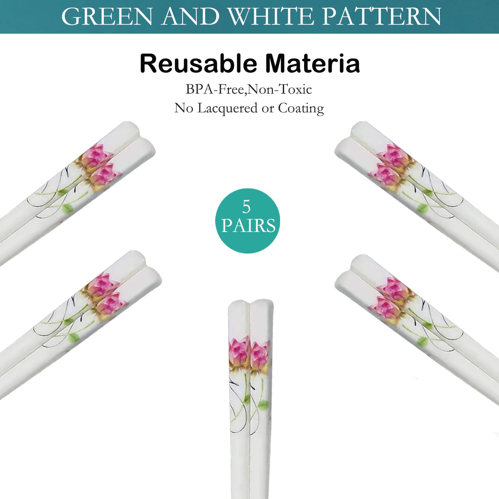 Chopsticks Reusable 5 Pairs Ceramic Chopsticks Dishwasher safe 9.7 Inches (Pink lotus flower)