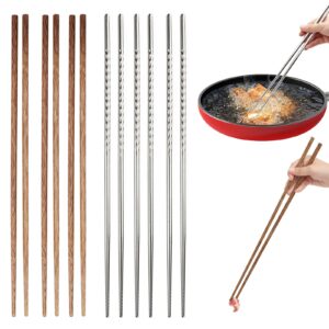 6 pcs long cooking chopsticks 15.3 inch natural wooden extra long chopstick and non-slip threaded stainless steel chopsticks for hot pot,noodle,cooking frying chopsticks