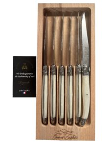 laguiole serrated edge sharp premium dishwasher safe full tang stainless steel 6-piece steak knife set, shiny cream handle by clermont coutellerie