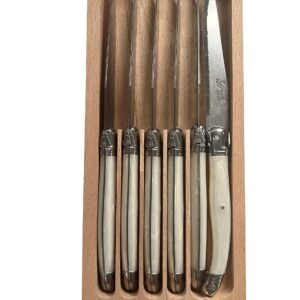 Laguiole Serrated Edge Sharp Premium Dishwasher Safe Full Tang Stainless Steel 6-Piece Steak Knife Set, Shiny Cream Handle by Clermont Coutellerie