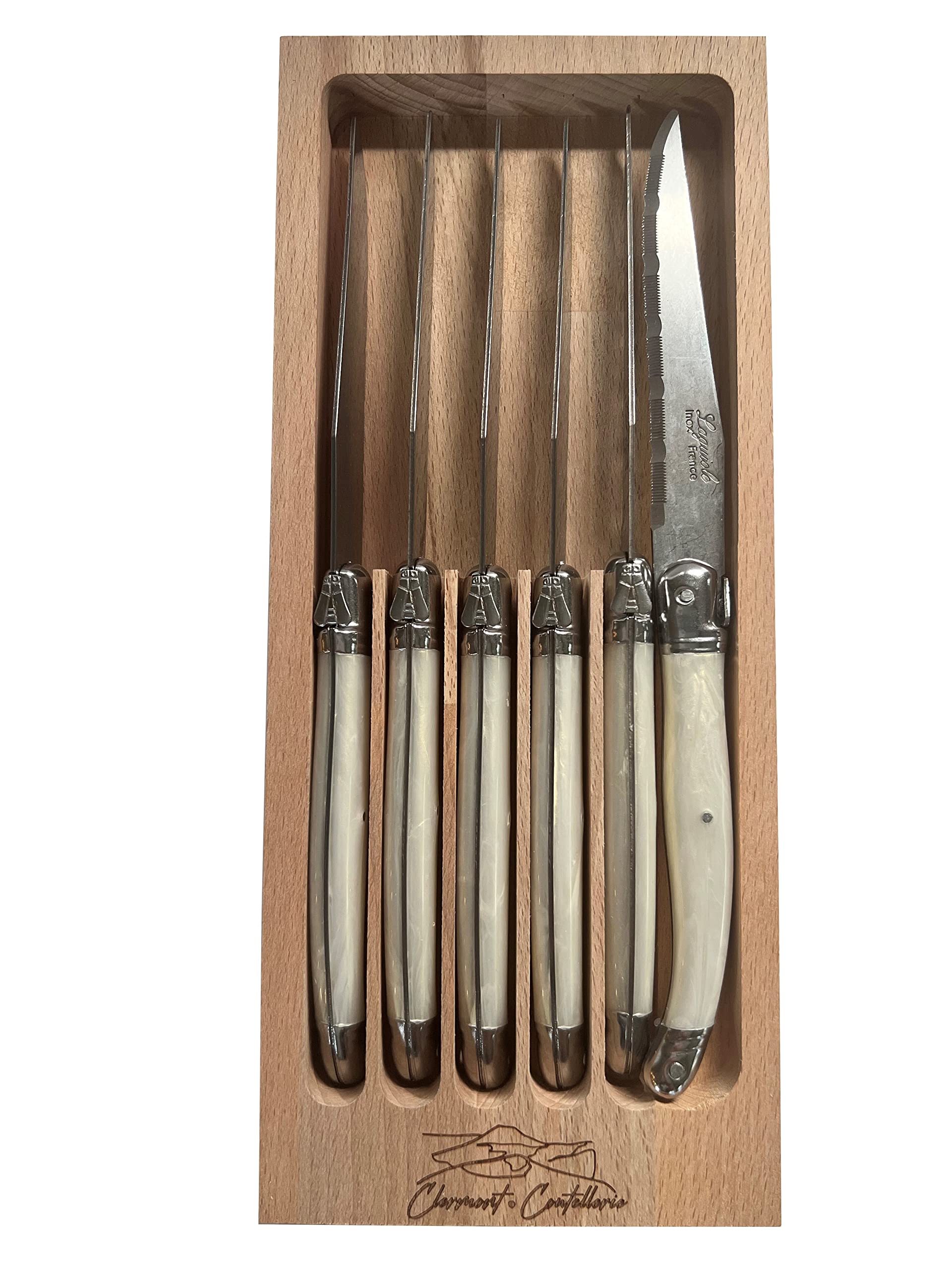 Laguiole Serrated Edge Sharp Premium Dishwasher Safe Full Tang Stainless Steel 6-Piece Steak Knife Set, Shiny Cream Handle by Clermont Coutellerie