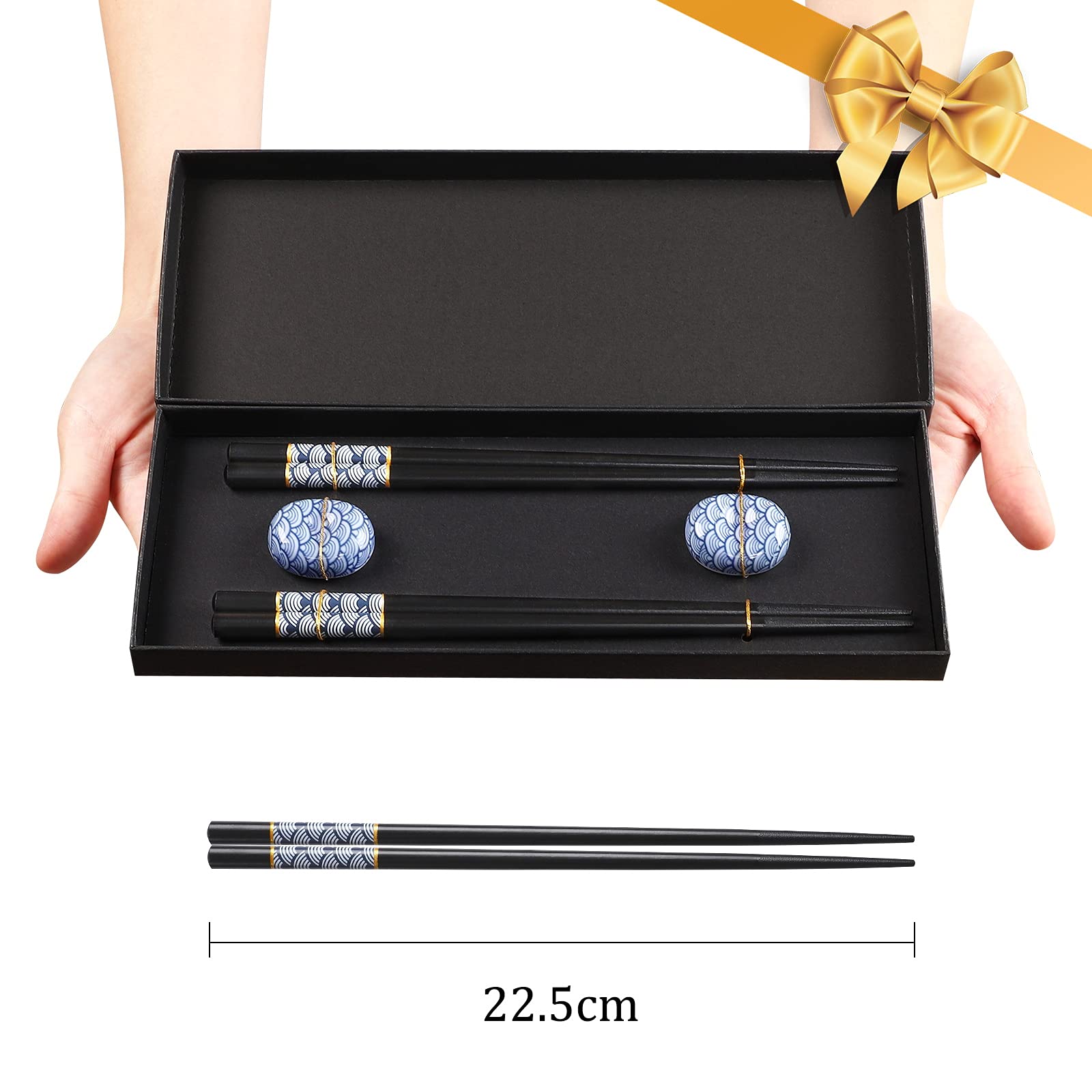 TIICOO Chopsticks Reusable Japanese Wave Pattern Style Lightweight 2 Pairs Wooden Chopsticks + 2 Ceramic Chopsticks Holder Gift Set, 8.85 inches/22.5cm, Dishwasher Safe