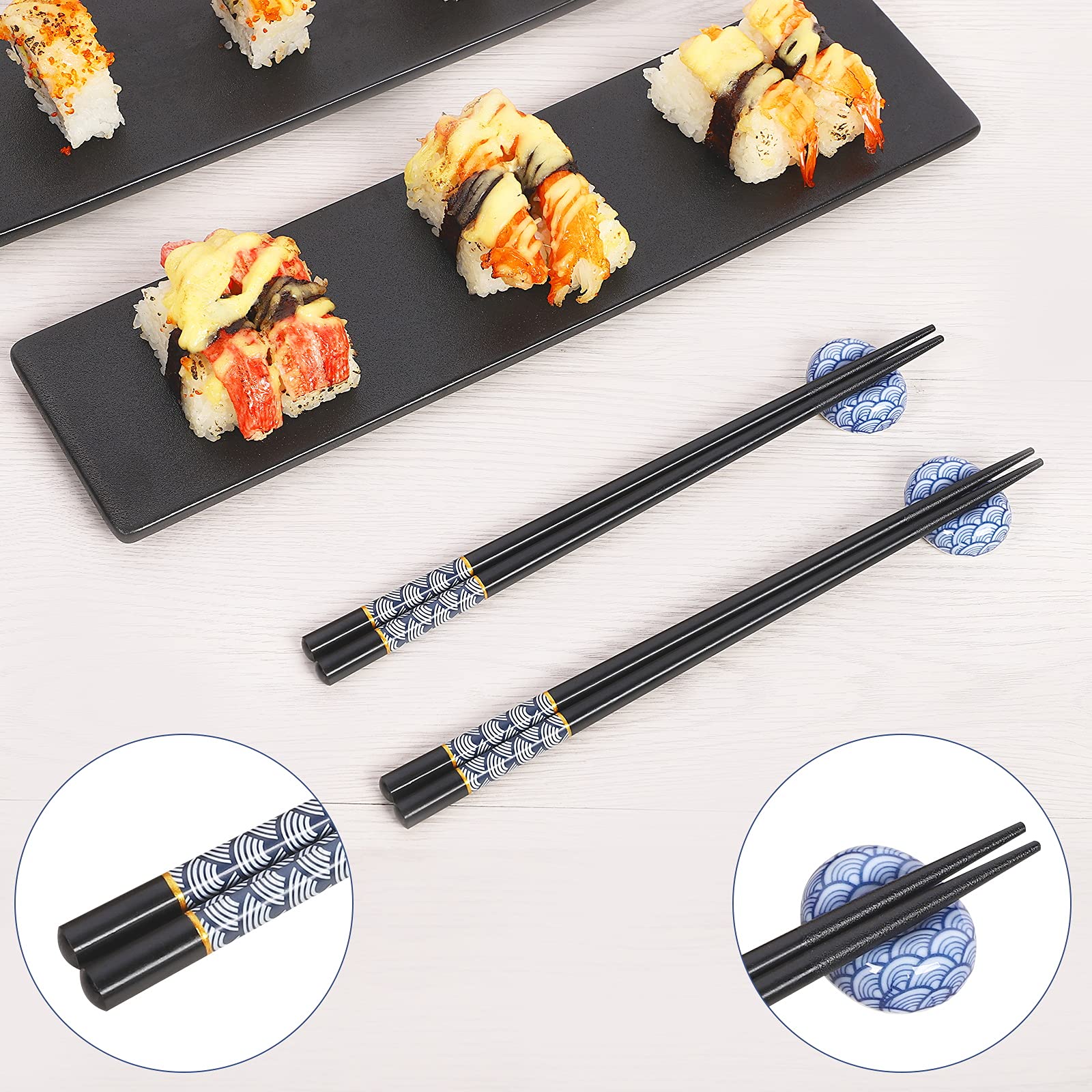 TIICOO Chopsticks Reusable Japanese Wave Pattern Style Lightweight 2 Pairs Wooden Chopsticks + 2 Ceramic Chopsticks Holder Gift Set, 8.85 inches/22.5cm, Dishwasher Safe