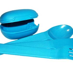 Tupperware Snap Together Cutlery Utensils Fork Knife Spoon Set Travel Case Blue