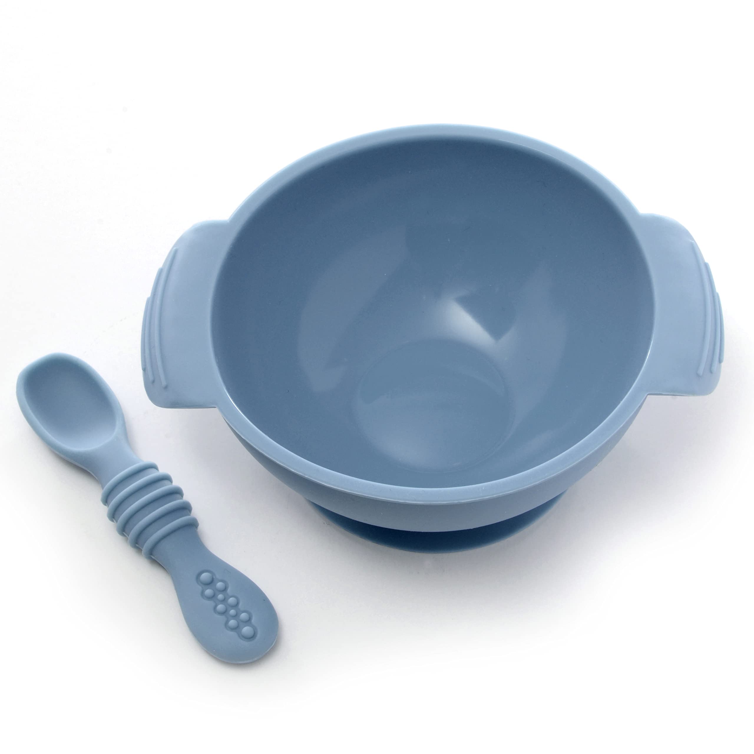 PrimaStella Unbreakable Silicone Non-Slip Bowl and Chew Spoon Set for Babies and Toddlers (Slate Blue)