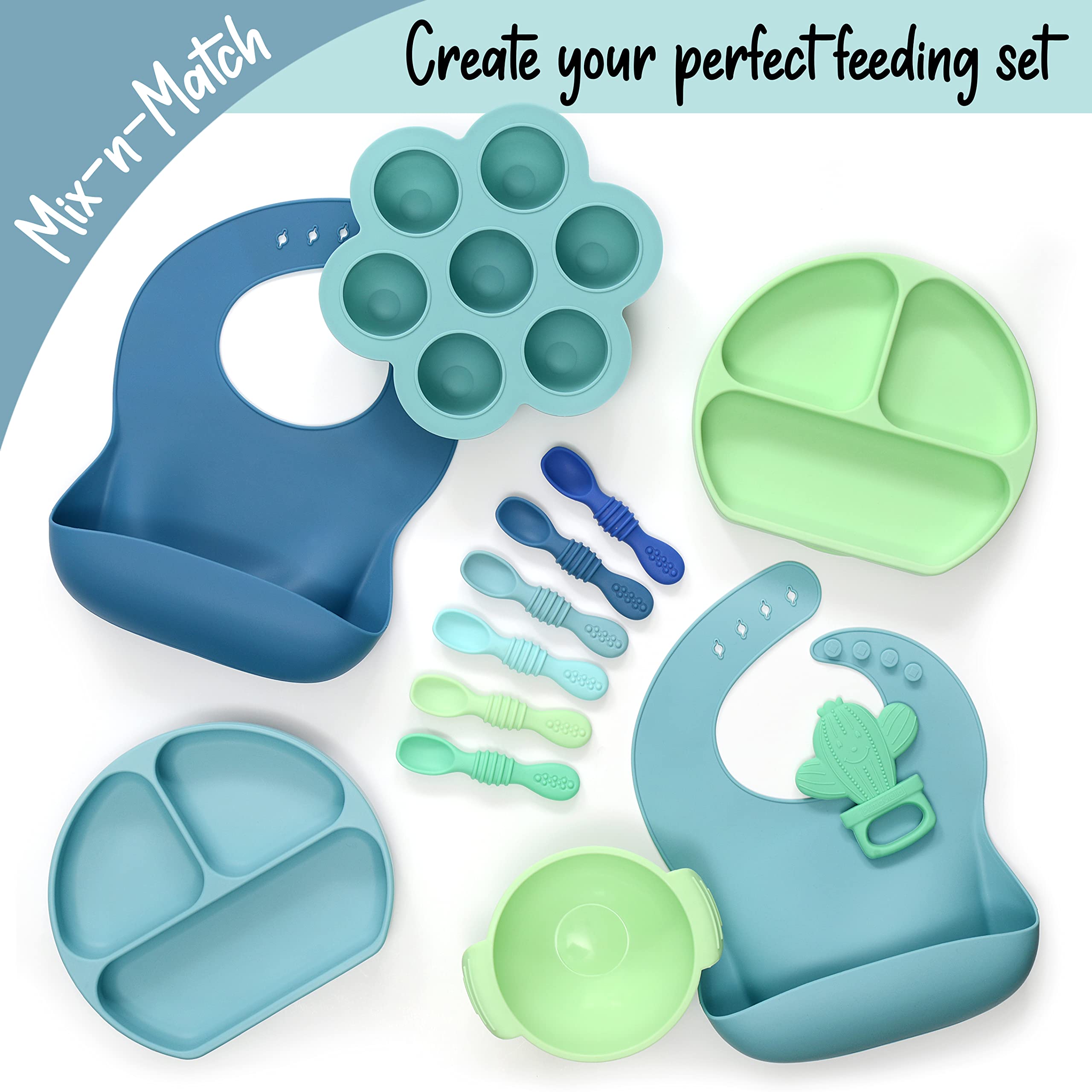 PrimaStella Unbreakable Silicone Non-Slip Bowl and Chew Spoon Set for Babies and Toddlers (Slate Blue)