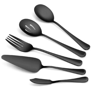 matte black serving utensils haware 5-piece stainless steel hostess serving set for party kitchen restaurant, satin finished, include spoons, slotted spoon, forks, pie server, butter knife