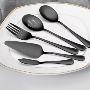 Matte Black Serving Utensils HaWare 5-Piece Stainless Steel Hostess Serving Set for Party Kitchen Restaurant, Satin Finished, Include Spoons, Slotted Spoon, Forks, Pie Server, Butter Knife