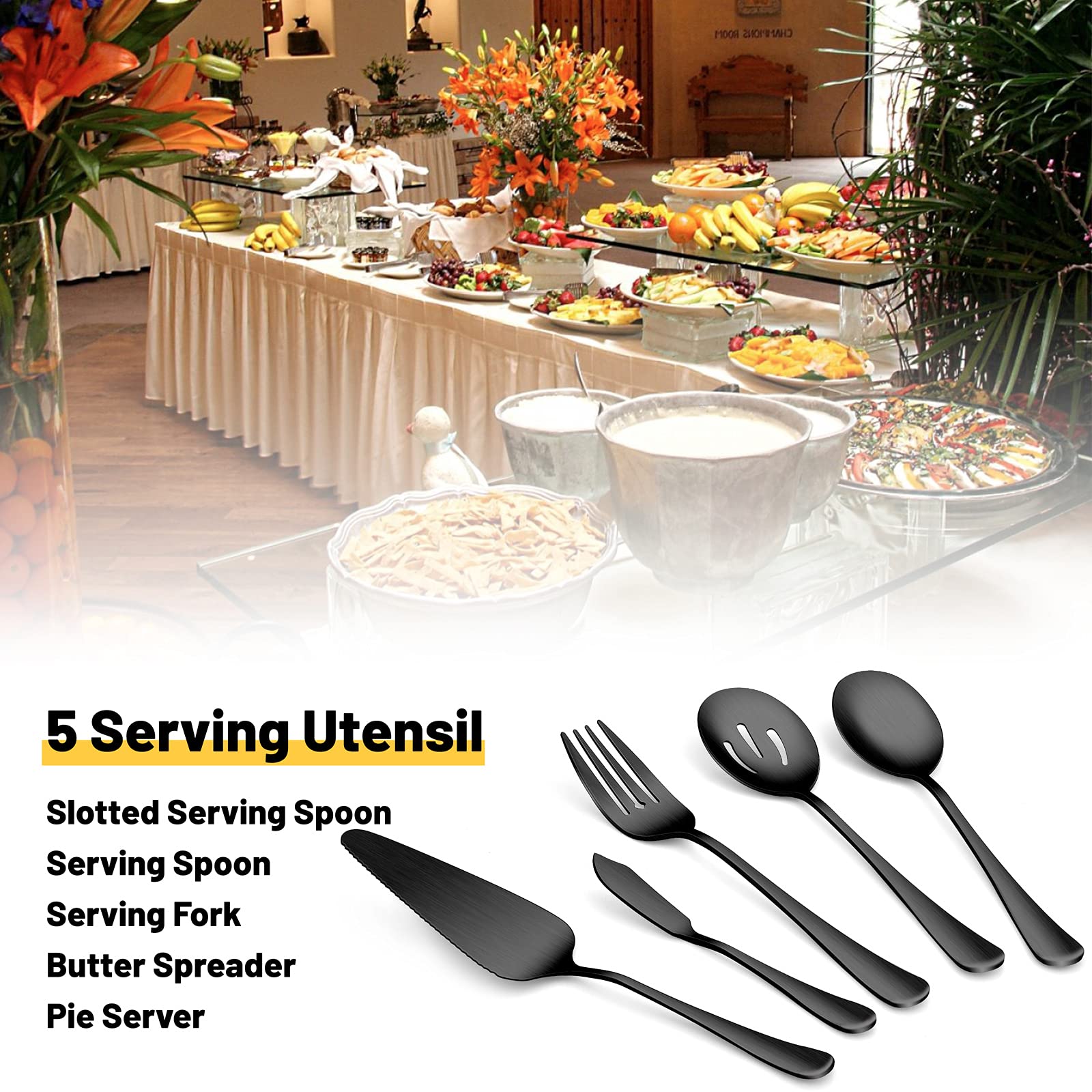 Matte Black Serving Utensils HaWare 5-Piece Stainless Steel Hostess Serving Set for Party Kitchen Restaurant, Satin Finished, Include Spoons, Slotted Spoon, Forks, Pie Server, Butter Knife