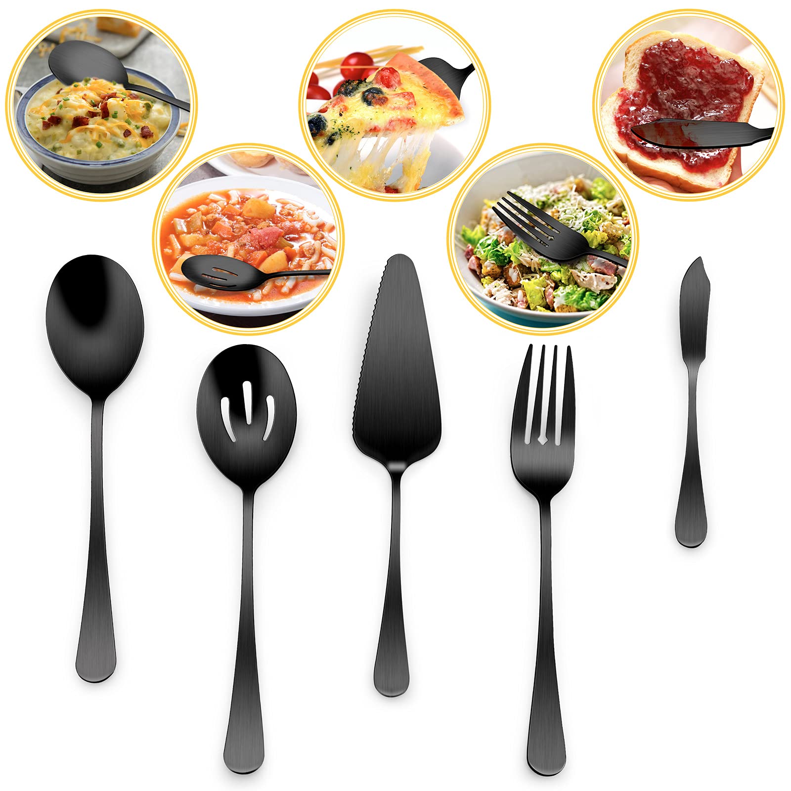 Matte Black Serving Utensils HaWare 5-Piece Stainless Steel Hostess Serving Set for Party Kitchen Restaurant, Satin Finished, Include Spoons, Slotted Spoon, Forks, Pie Server, Butter Knife