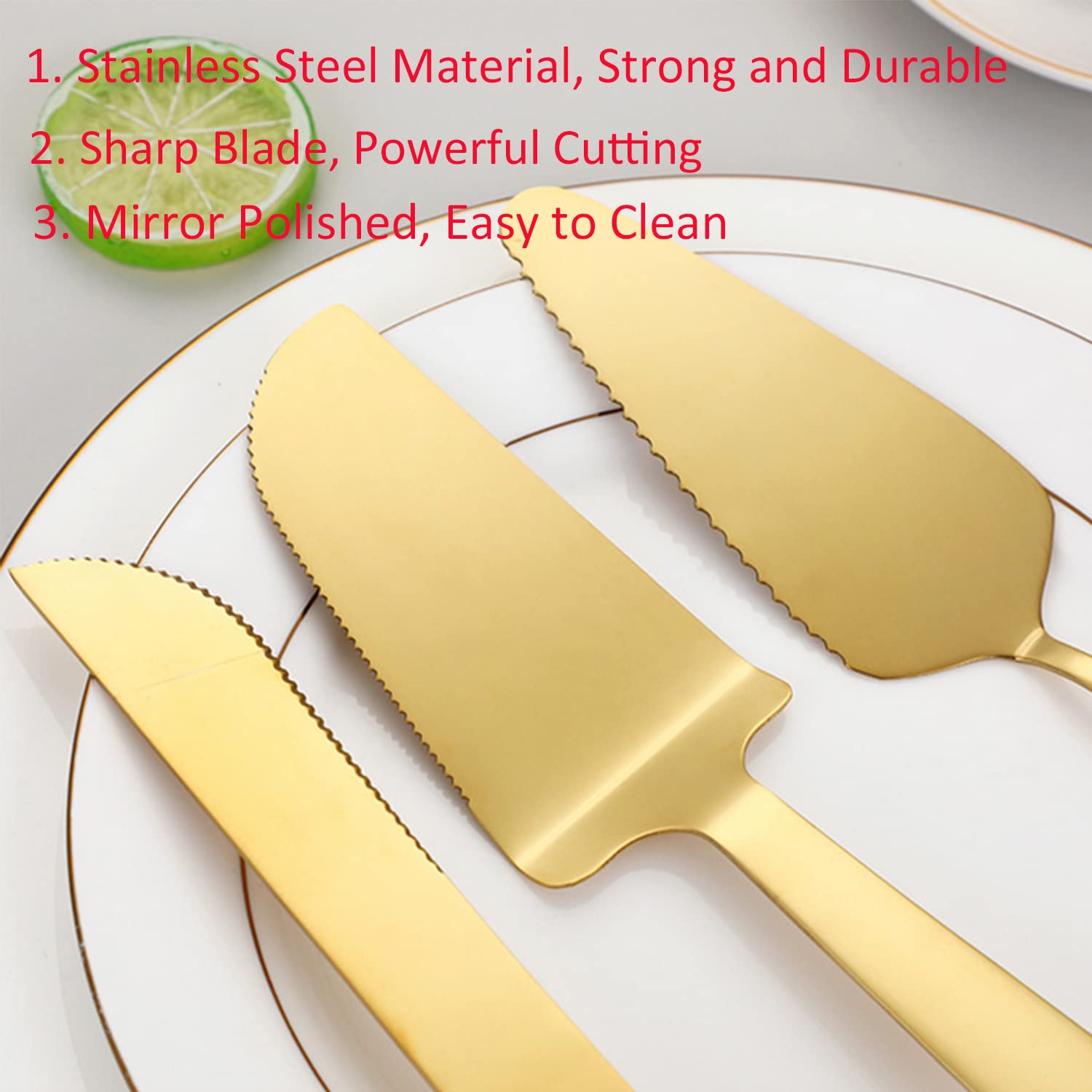 Pie Server Stainless Steel Set, Payutou 3Pcs Cake Pie Pastry Server,Professional Dessert Server For Cake Cheese Pie Pizza,Serrated Cake Knife, Cake Serving Spatula,Dishwasher Safe(Gold)