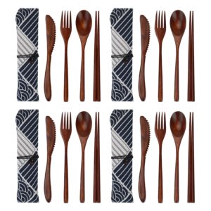 ideashop wooden cutlery set 16 pcs reusable flatware set, portable wooden utensils for eating includes wooden knife, fork, spoon, chopsticks, with pouch for household office camping traveling
