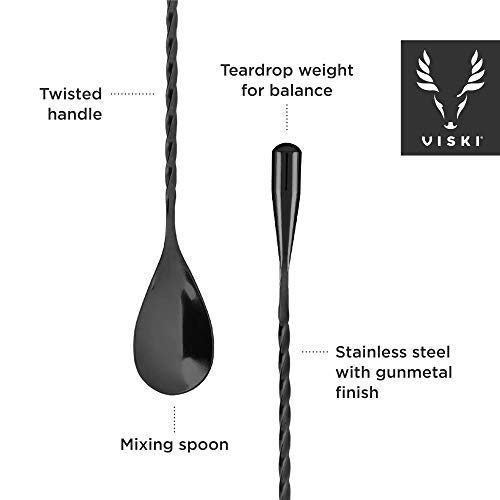 Viski Gunmetal Weighted Stainless Steel Barspoon, Japanese Twisted Stem Handle, Teardrop Weight