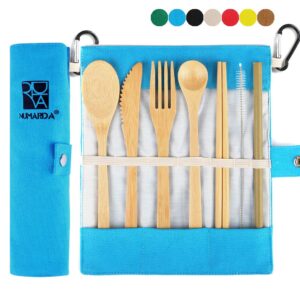 bamboo utensils, eco friendly flatware set, bamboo cutlery set, bamboo travel utensils, camping utensils set, portable utensils set, knife, fork, spoon, reusable straws chopsticks, 7 pieces,7.9 inch