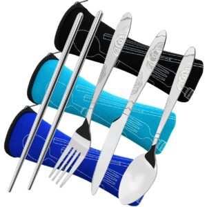 3 pack camping silverware set, ckanday 12 pcs knife fork spoon chopsticks stainless steel with carrying case rustproof tableware flatware for traveling picnic working hiking-black/blue/light blue