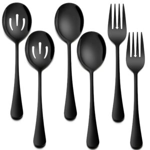 homikit stainless steel 2 black serving spoons, 2 black slotted serving spoons, 2 black serving forks, metal buffet party banquet restaurant catering serving utensils, mirror polish, dishwasher safe