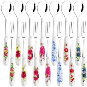 14 pcs dessert forks and spoons silverware set,stainless steel small appetizer forks,mini coffee spoons salad fork with ceramics handle,cake forks tea spoons for dessert,salad,appetizer,cocktail,fruit