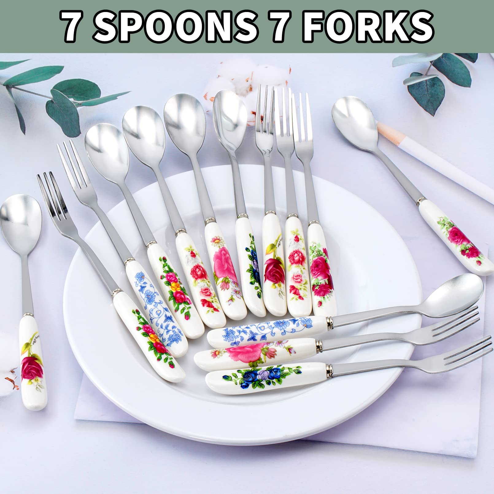 14 Pcs Dessert Forks and Spoons Silverware Set,Stainless Steel Small Appetizer Forks,Mini Coffee Spoons Salad Fork with Ceramics Handle,Cake Forks Tea Spoons for Dessert,Salad,Appetizer,Cocktail,Fruit