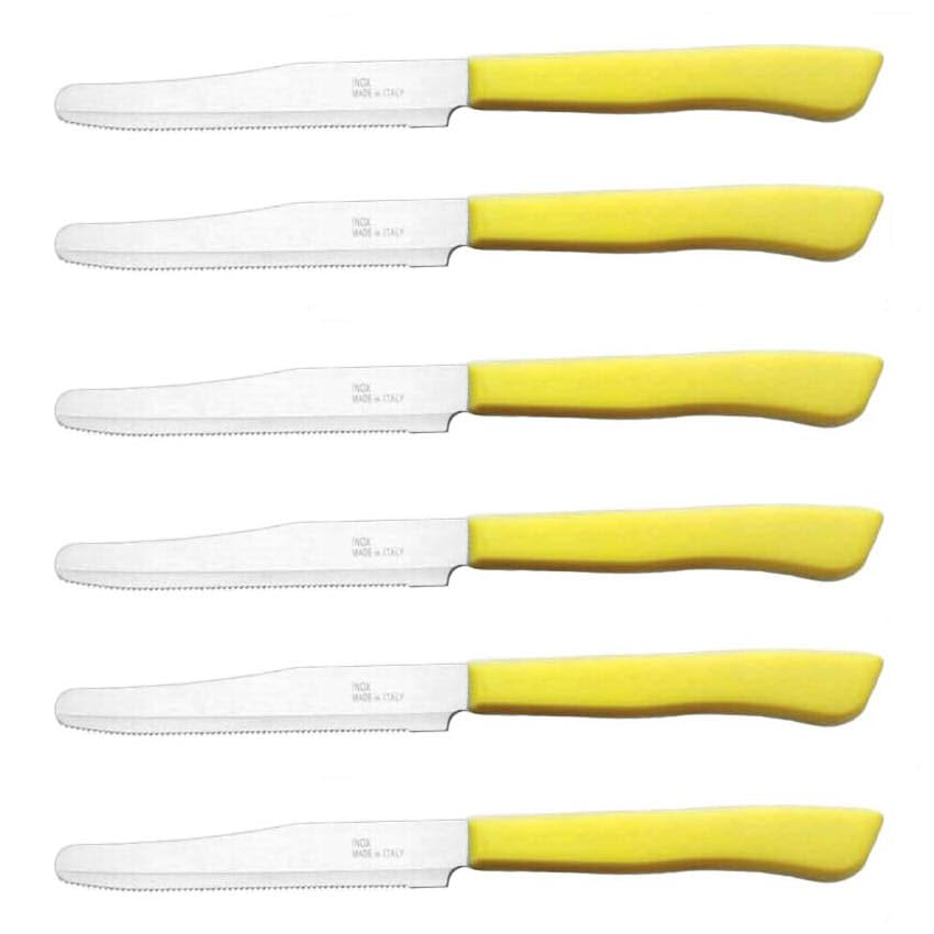 Tredoni 6 kitchen Knives - 4.3"/11cm Italian Stainless Steel Serrated Vegetable/Steak/Table Knife Cutlery, Rounded Tip (Yellow)