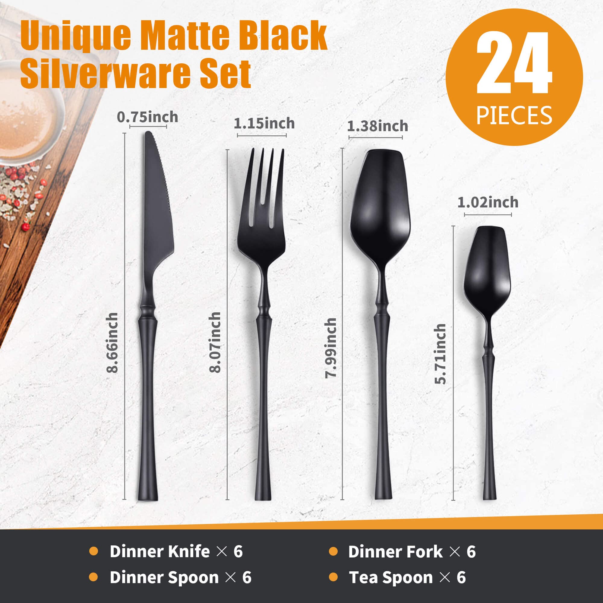 Lemeya 18/10 Stainless Steel Matte Black Silverware Set,24 Piece Luxury Flatware Cutlery Set Service for 6, Include Knife Fork Spoon and Tea Spoon,Dishwasher Safe