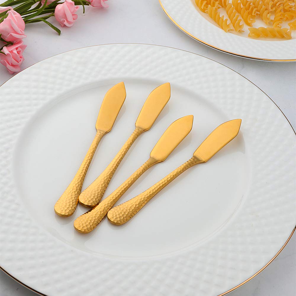 Butter Knives Stainless Steel Cheese Spreaders 5.3-Inch Gold Set, BUY&USE 12 PCS Hammered Surface Dinnerware for Butter Sandwiches Cheese Breakfast