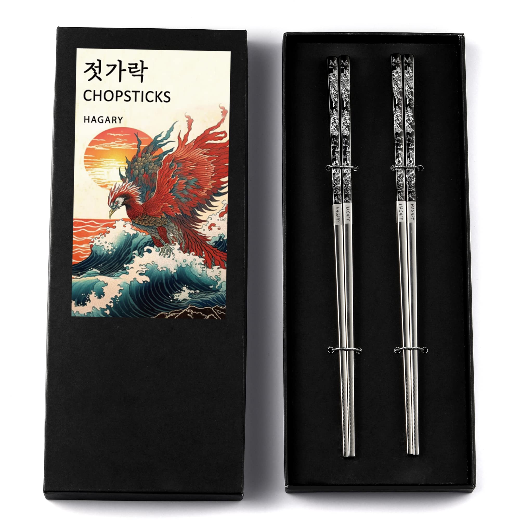 Phoenix Chopsticks Metal Reusable Designed In Korea Japanese Style Stainless Steel 316 18/10 Non-Slip Dishwasher Safe Laser Etched (Black - 2 Pairs)