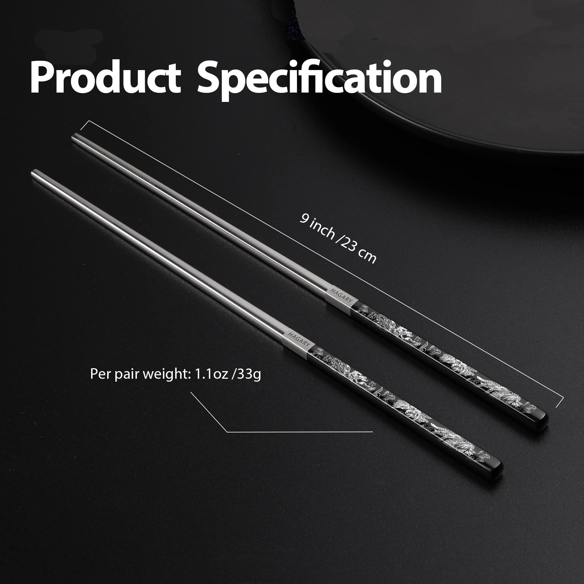 Phoenix Chopsticks Metal Reusable Designed In Korea Japanese Style Stainless Steel 316 18/10 Non-Slip Dishwasher Safe Laser Etched (Black - 2 Pairs)