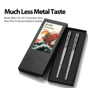 Phoenix Chopsticks Metal Reusable Designed In Korea Japanese Style Stainless Steel 316 18/10 Non-Slip Dishwasher Safe Laser Etched (Black - 2 Pairs)