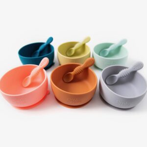 Simka Rose Silicone Baby Feeding Set for Baby and Toddler, Baby Silicone Bowl and Plate with Suction, Baby Led Weaning Spoon, BPA Free - Dishwasher and Microwave Safe (Sage)