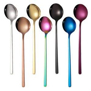 OFIDUS 7 Colors Stainless Steel Spoon Set - 7.8 Inch Round Long Handle Spoon, Sturdy Durable Soup Spoons, Easy to Grasp and Clean Colorful Table Spoon Set Suitable for Home, Travel, Camping (7 Pieces)