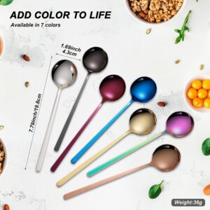 OFIDUS 7 Colors Stainless Steel Spoon Set - 7.8 Inch Round Long Handle Spoon, Sturdy Durable Soup Spoons, Easy to Grasp and Clean Colorful Table Spoon Set Suitable for Home, Travel, Camping (7 Pieces)