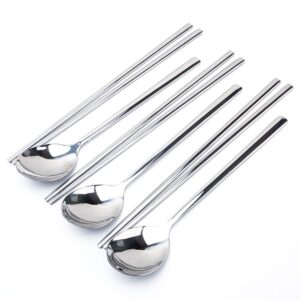 jucoxo stainless steel chopsticks and spoons set of 3, korean spoons and chopsticks set, reusable metal long handle chopsticks spoon set