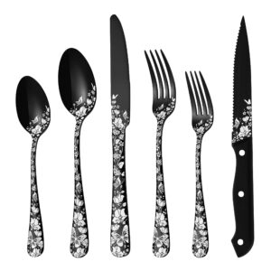 stapava 72-piece black silverware set for 12 with steak knives, stainless steel cutlery flatware set for 12, eating utensils tableware with butterfly flower laser, mirror polished, dishwasher safe