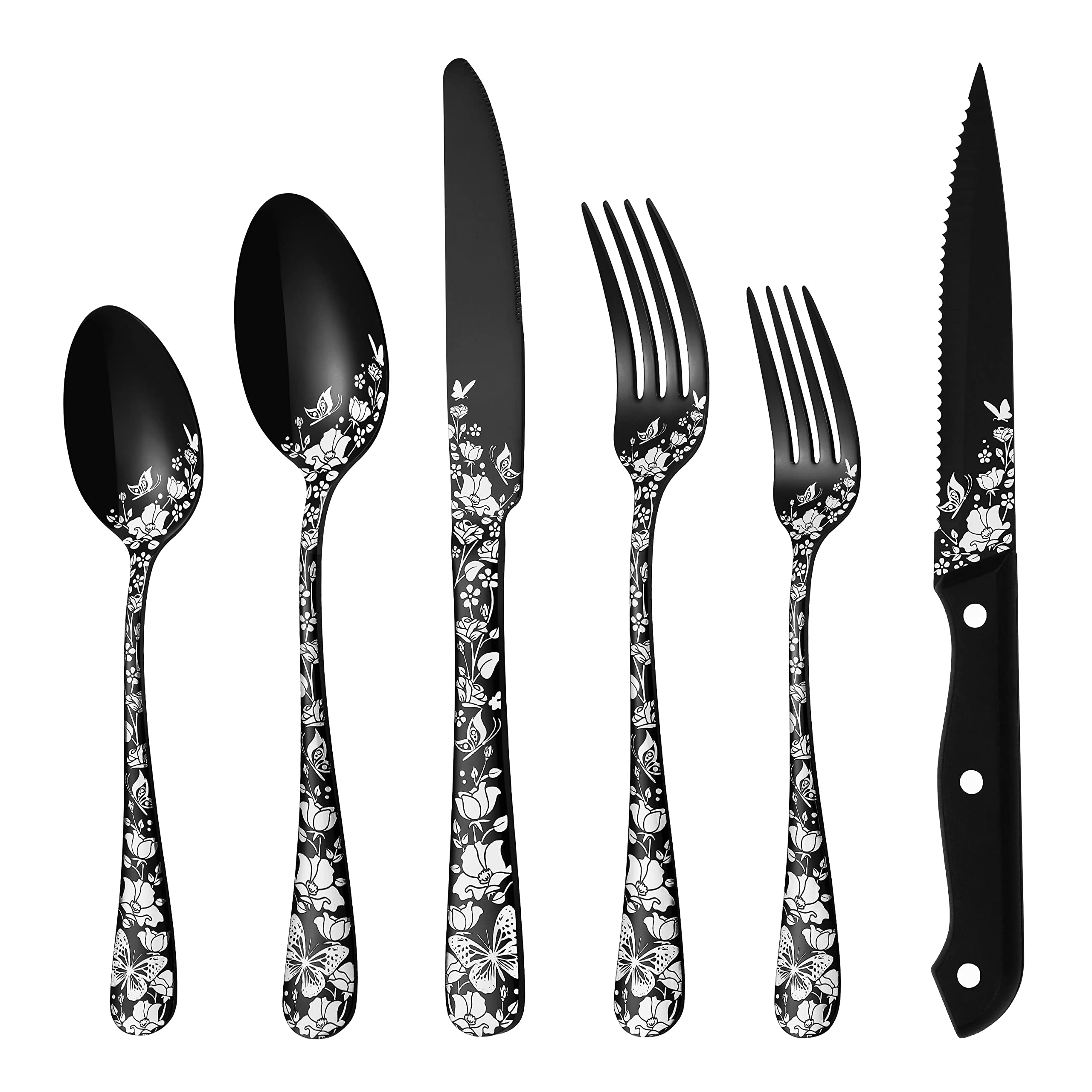 Stapava 72-Piece Black Silverware Set for 12 with Steak Knives, Stainless Steel Cutlery Flatware Set for 12, Eating Utensils Tableware with Butterfly Flower Laser, Mirror Polished, Dishwasher Safe