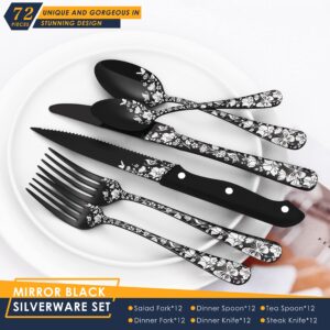 Stapava 72-Piece Black Silverware Set for 12 with Steak Knives, Stainless Steel Cutlery Flatware Set for 12, Eating Utensils Tableware with Butterfly Flower Laser, Mirror Polished, Dishwasher Safe