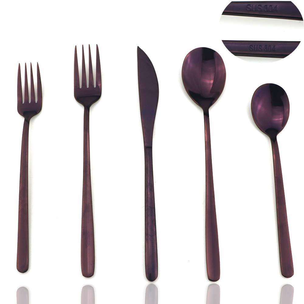 JASHII Mirror Polished Purple 20-Piece SUS304 Stainless Steel Flatware Set,Silverware Set Dinner Knife Fork Spoon Dessert Fork Salad Spoon Service for 4