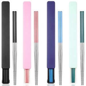 4 pairs portable chopsticks with case stainless steel chopsticks reusable portable utensil for school home office camp travel bento box