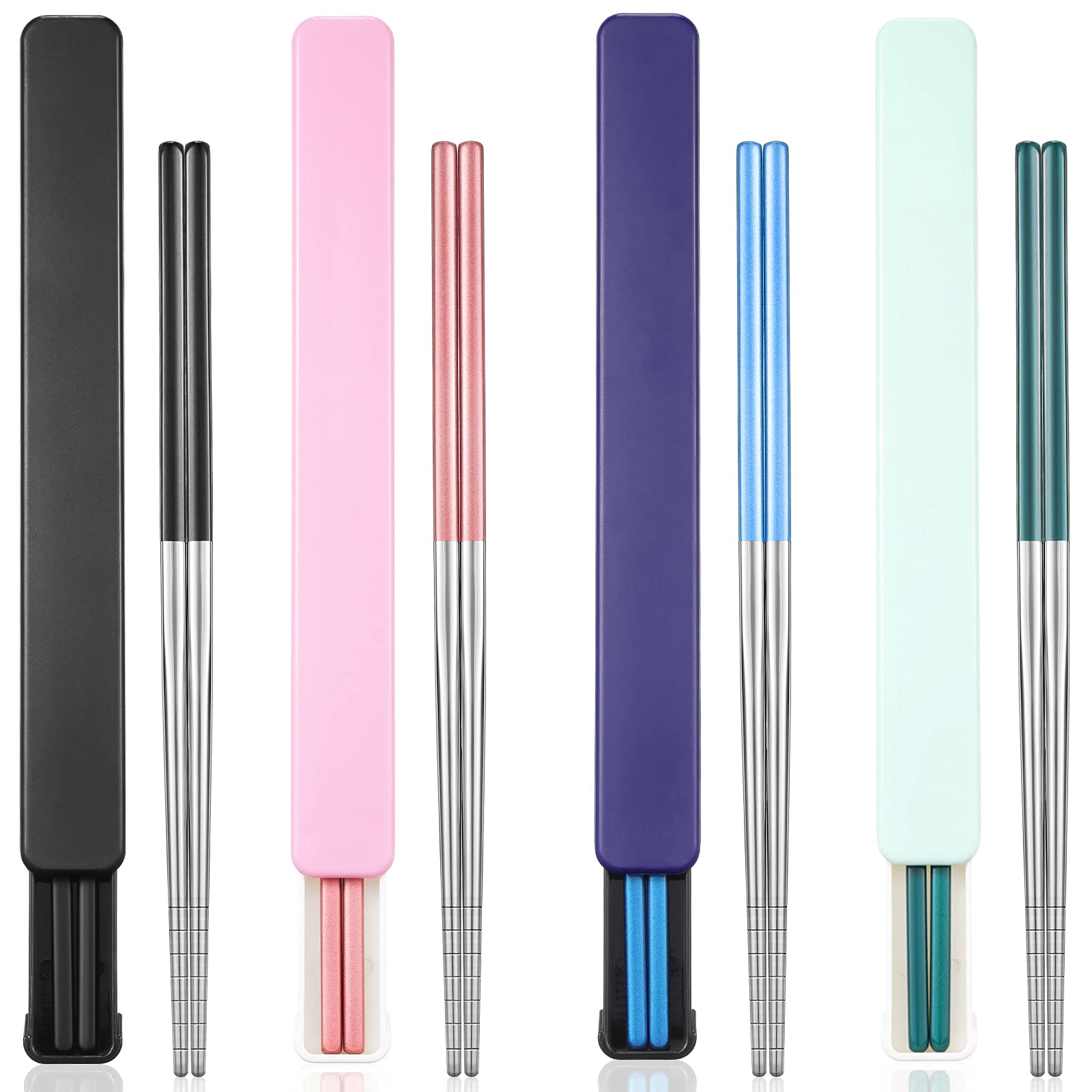 4 Pairs Portable Chopsticks with Case Stainless Steel Chopsticks Reusable Portable Utensil for School Home Office Camp Travel Bento Box