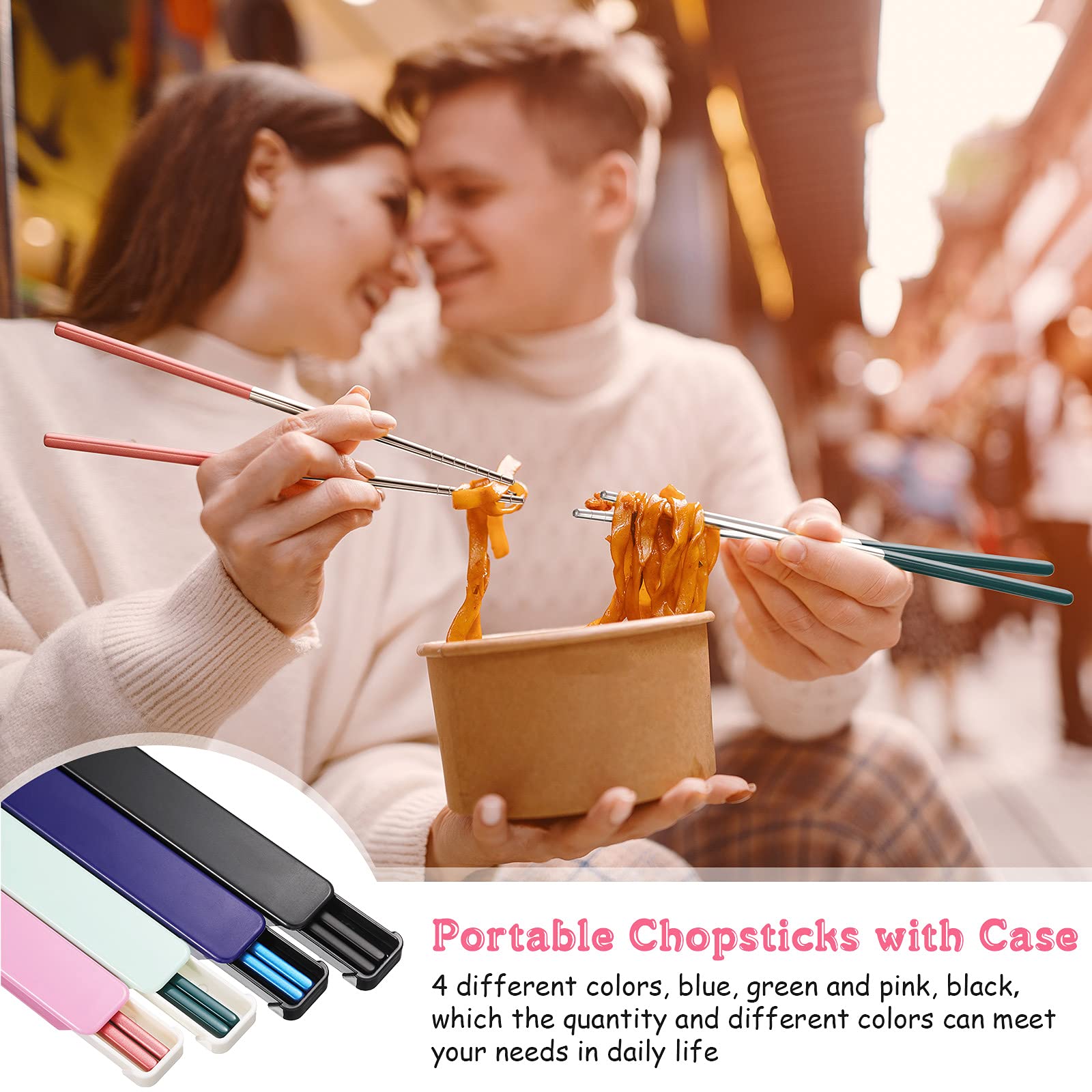 4 Pairs Portable Chopsticks with Case Stainless Steel Chopsticks Reusable Portable Utensil for School Home Office Camp Travel Bento Box