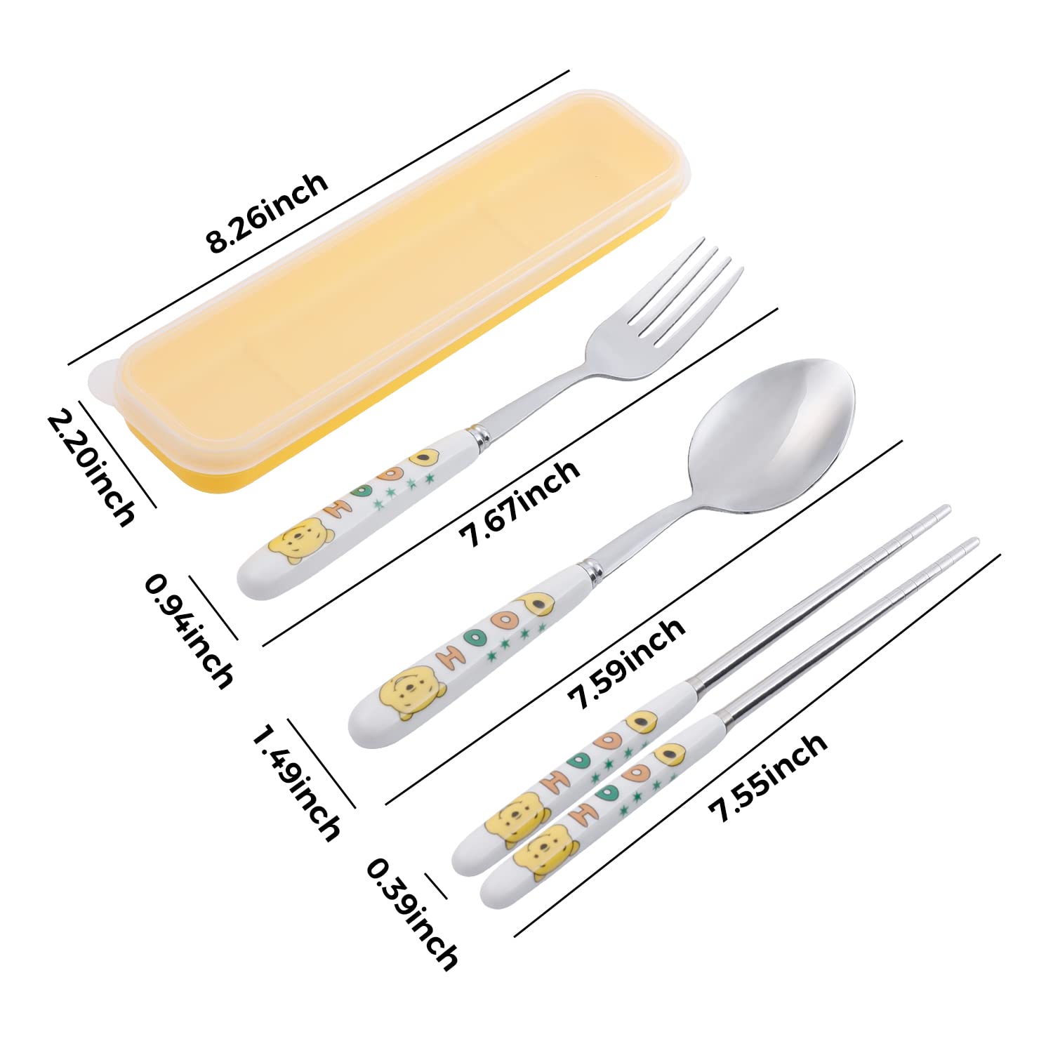 Pooh Portable Camp Reusable Flatware Cute Pooh Bear Travel Utensils Case with Stainless Steel Fork Spoon Chopsticks(SCF-Pooh)
