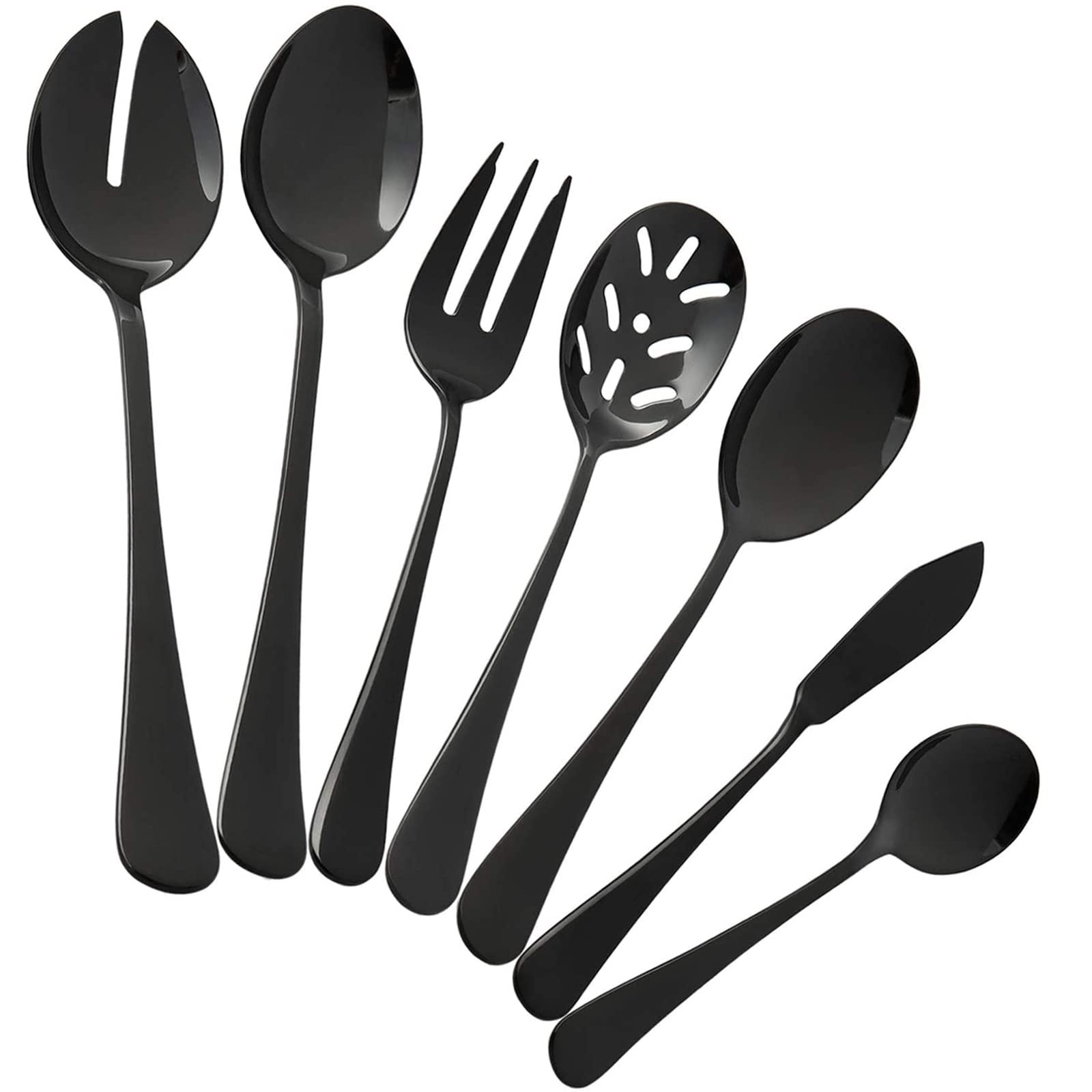 Black Serving utensils set. Stainless Steel Hostess Flatware Sets 7-Piece Includes Silverware Large Salad Serving Spoons, Forks & Slotted Spoons,sugar spoons,butter knife.Dishwasher Safe