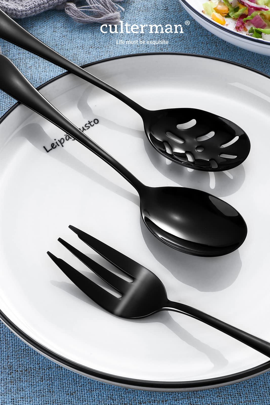 Black Serving utensils set. Stainless Steel Hostess Flatware Sets 7-Piece Includes Silverware Large Salad Serving Spoons, Forks & Slotted Spoons,sugar spoons,butter knife.Dishwasher Safe