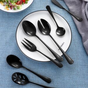 Black Serving utensils set. Stainless Steel Hostess Flatware Sets 7-Piece Includes Silverware Large Salad Serving Spoons, Forks & Slotted Spoons,sugar spoons,butter knife.Dishwasher Safe