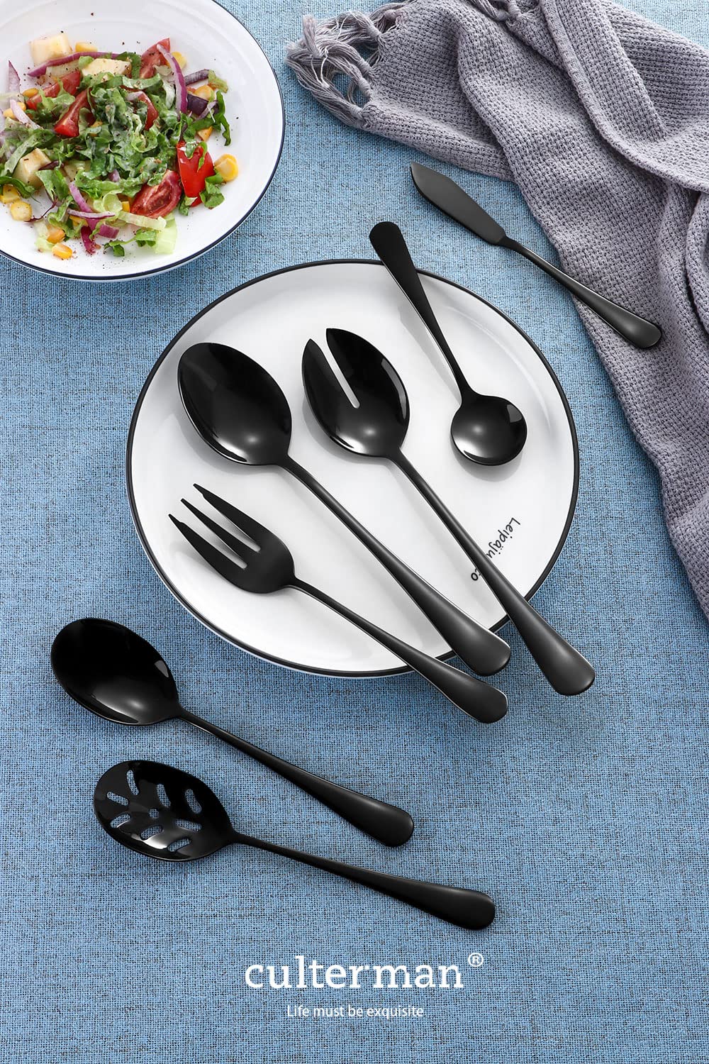 Black Serving utensils set. Stainless Steel Hostess Flatware Sets 7-Piece Includes Silverware Large Salad Serving Spoons, Forks & Slotted Spoons,sugar spoons,butter knife.Dishwasher Safe